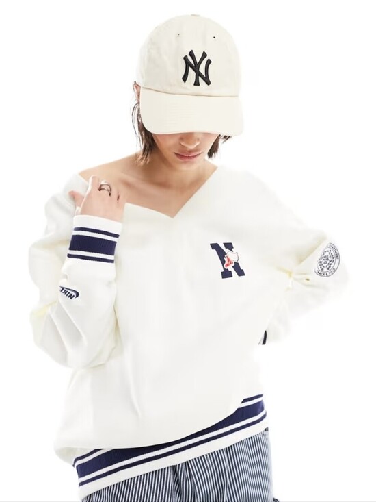 Nike Tops - Nike Sail White V-neck Varsity Sweatshirt with Navy Stripes and 'N' Patch NWT